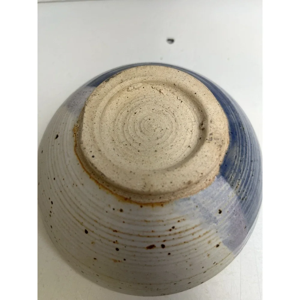 Artisan Studio Pottery Stoneware Ceramic Bowl 6.5 Blue White Dipped Glaze